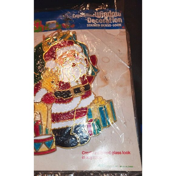 Vintage Xmas Window Decoration Stained Glass Look Santa & Reindeer - Picture 3 of 5